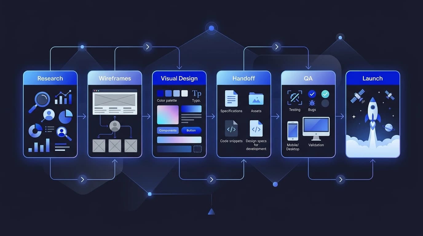 Illustration representing the web design process from discovery to launch